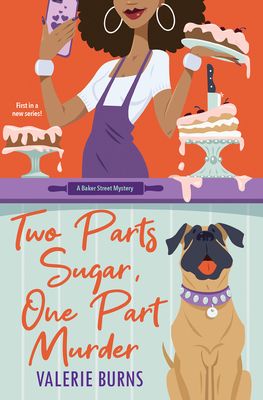 On top half, a black woman taking a selfie with the bakery item with a cake that has a knife sticking out of it behind her. On the bottom half the book title on the left with an English Mastiff on the right.