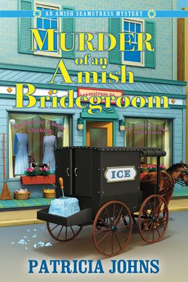 in front of  store is an Amish horse and buggy with the word ICE on the side has a block of ice in the back with an ice pick sticking out of the top